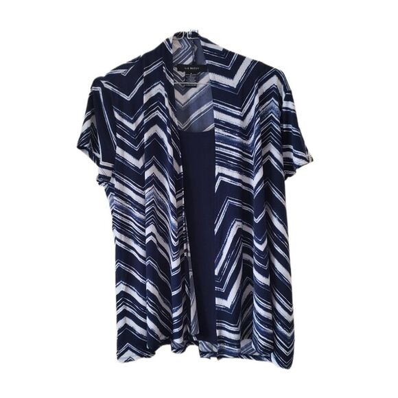 Liz McCoy Blue and White Short Sleeve Blouse with Attached Tank - Picture 1 of 4